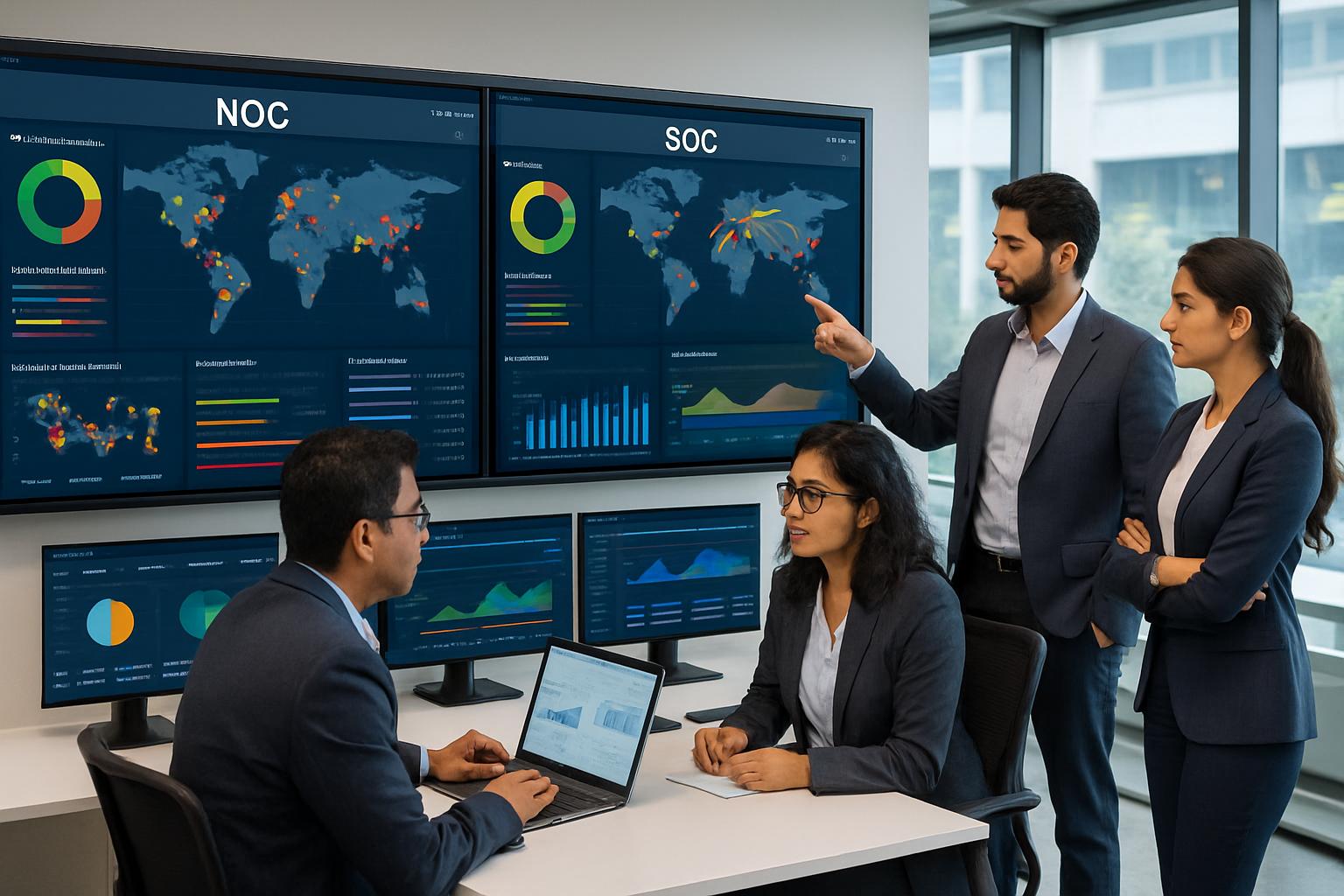 Agentic Defense Systems unifying NOC and SOC operations in a modern Bengaluru tech office.