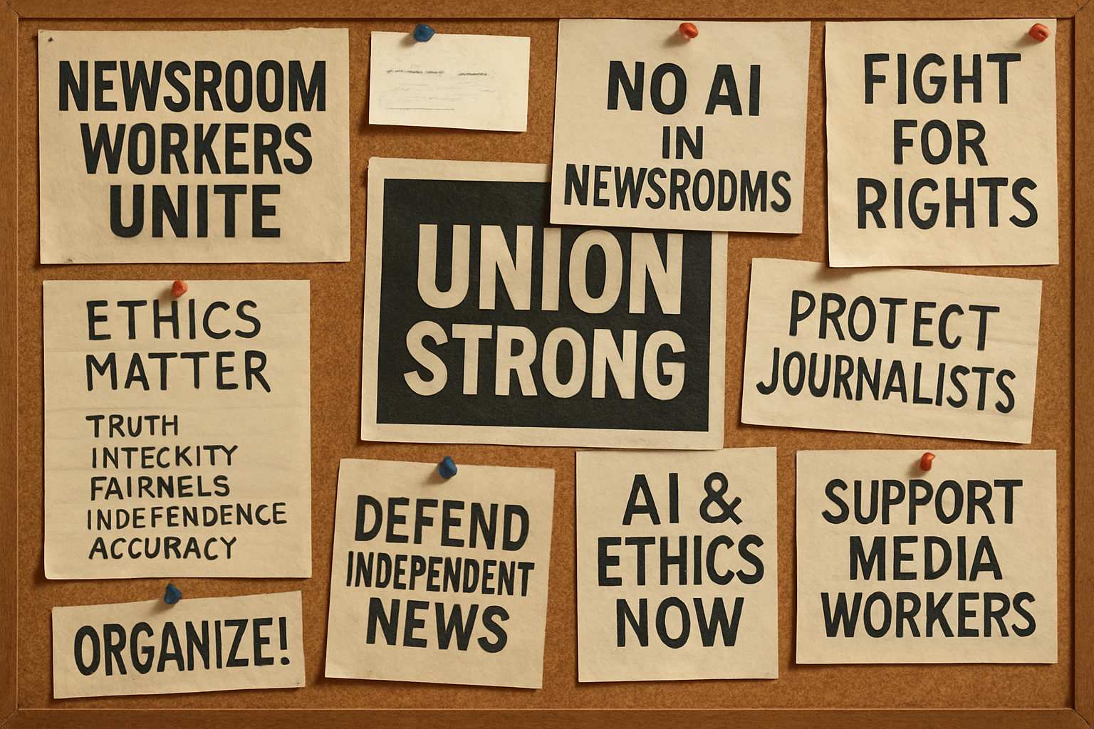 Investigative Journalistic Ethics Dispute highlighted on protest flyers in newsroom