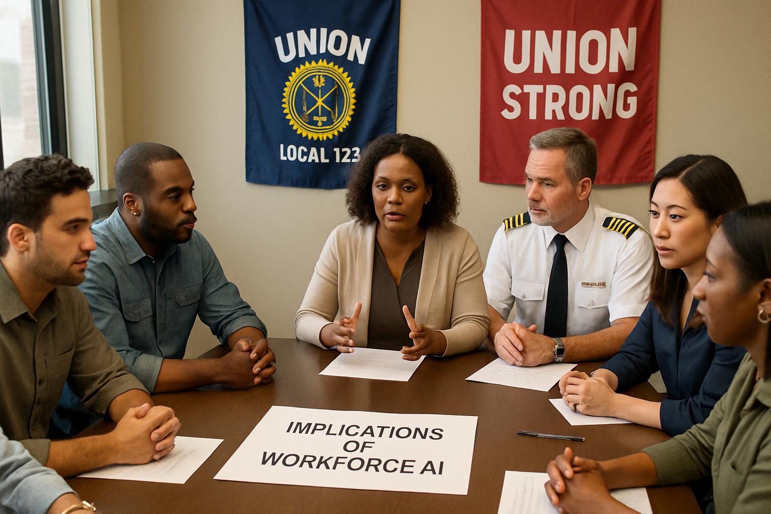 Union leaders and aviation staff discuss Workforce AI in meeting room