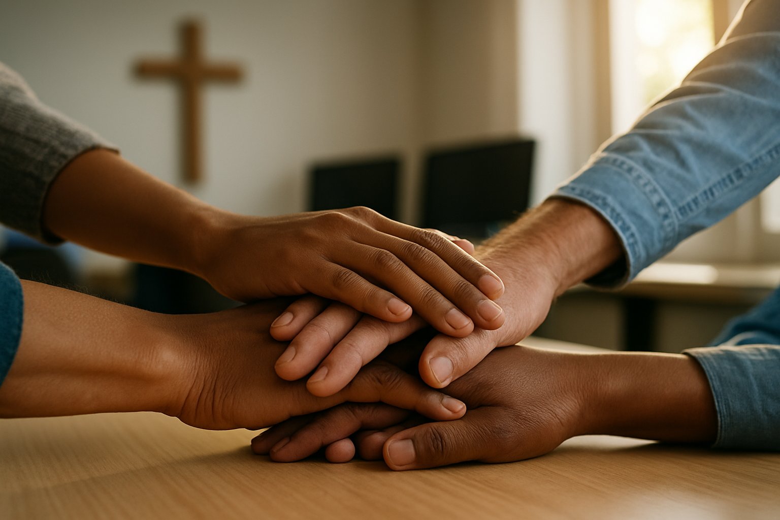 Diverse hands united for AI Ethical Oversight in a collaborative setting.