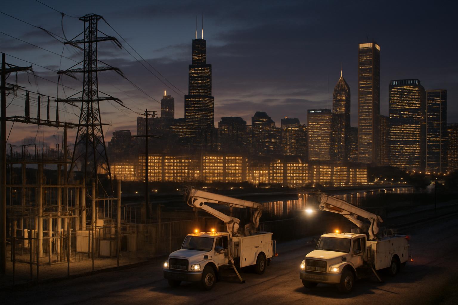 Cityscape and data centers highlighting 2030 Power Demand Surge.