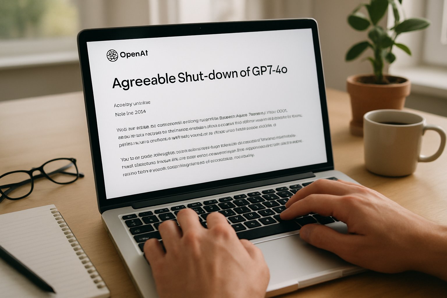 User reads OpenAI Agreeable Shut-down announcement for GPT-4o on laptop.