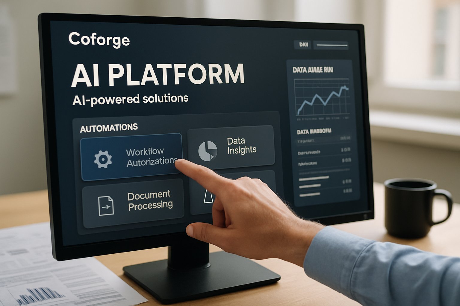 Coforge Forge-X Platform dashboard on office desktop monitor.