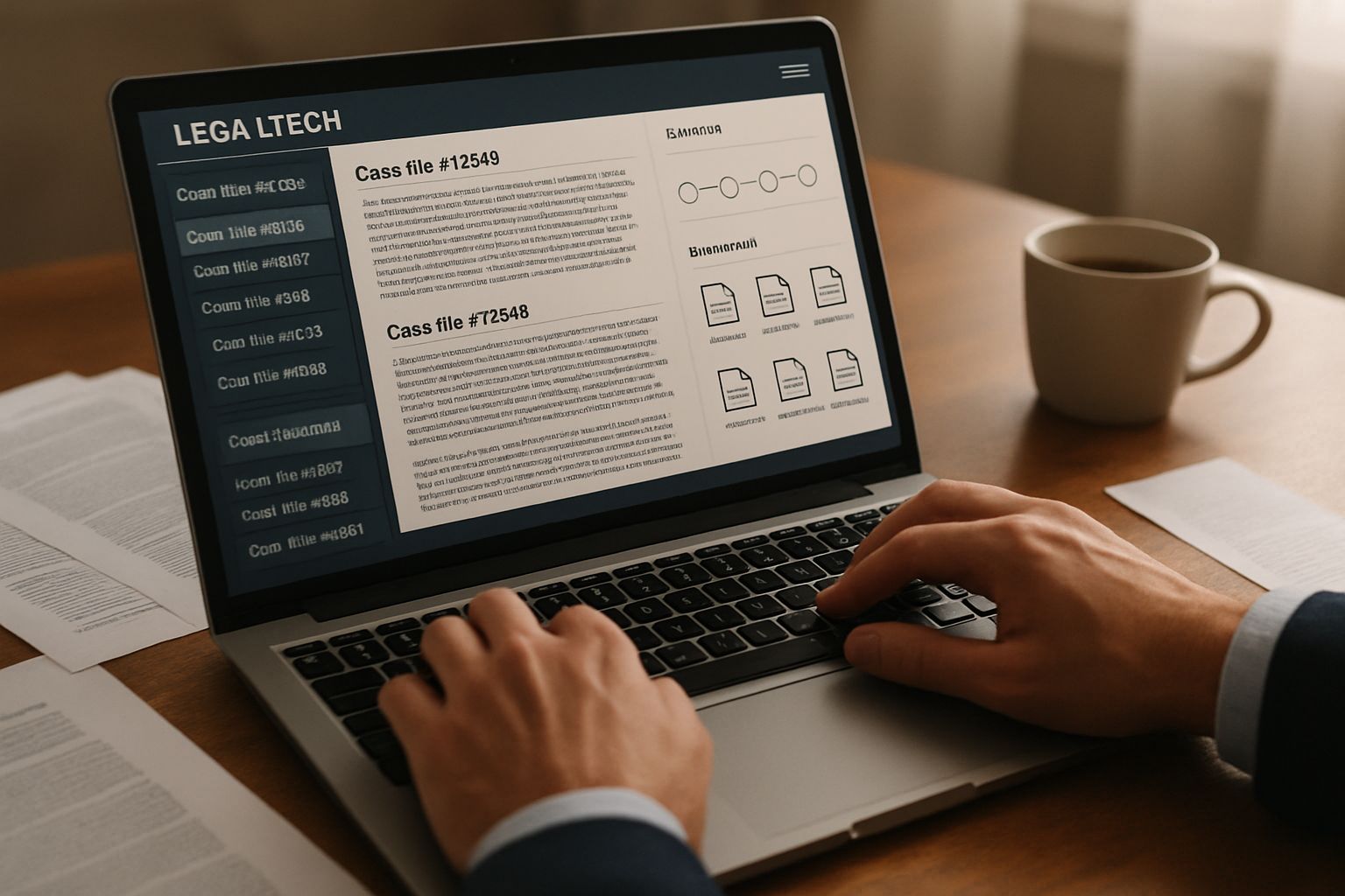 LegalTech software interface displayed on a laptop during legal documentation work.