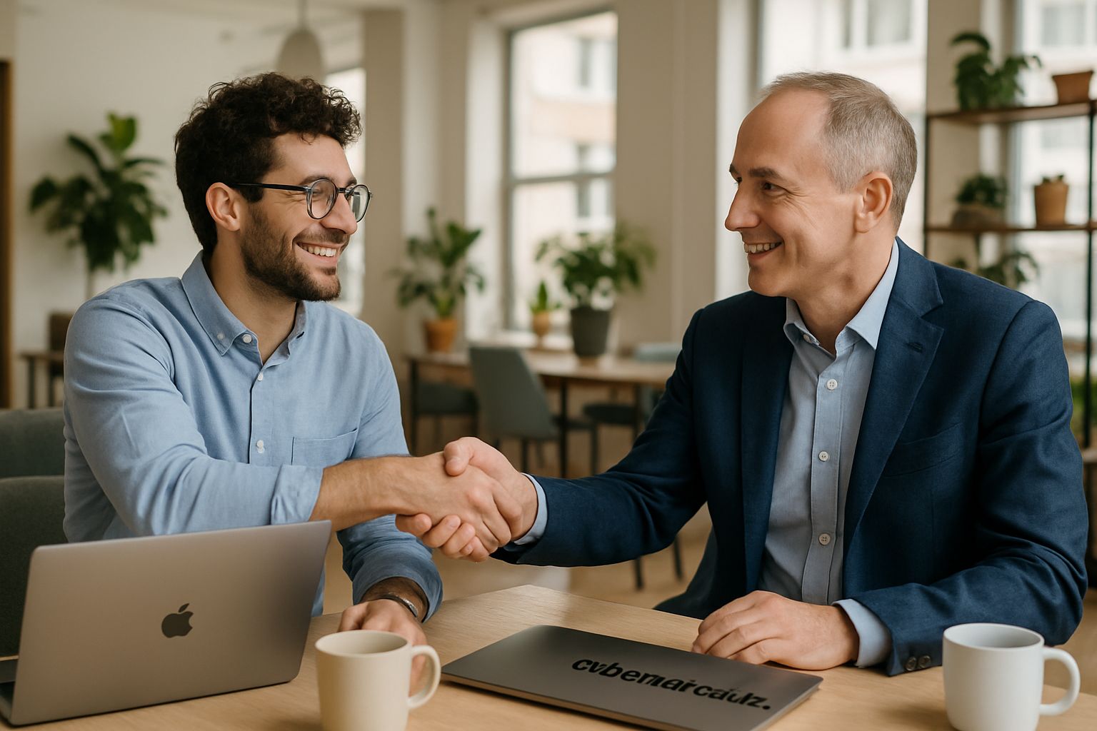 Fintech founder and investor handshake represents Venture Strategy partnership.