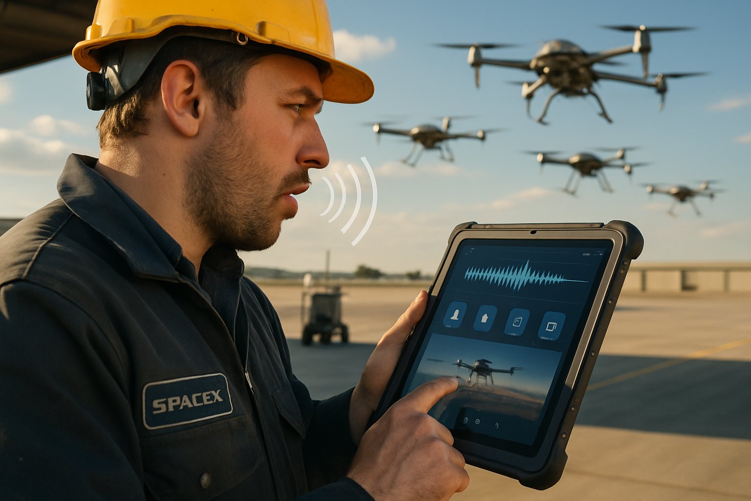 SpaceX technician controlling Drone Swarms with voice commands on airfield