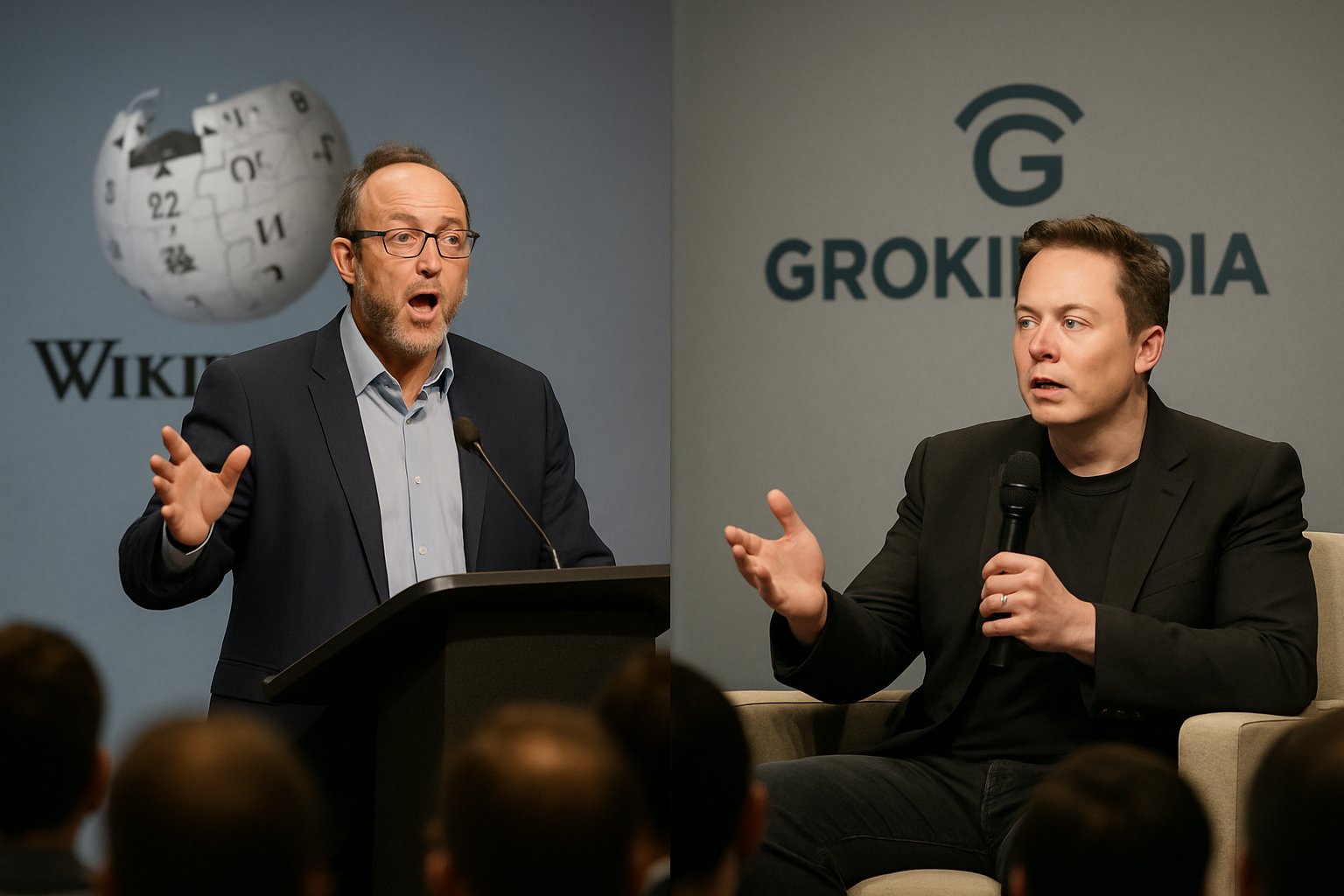 Jimmy Wales and Elon Musk at conference for Grokipedia Threat Assessment discussion.