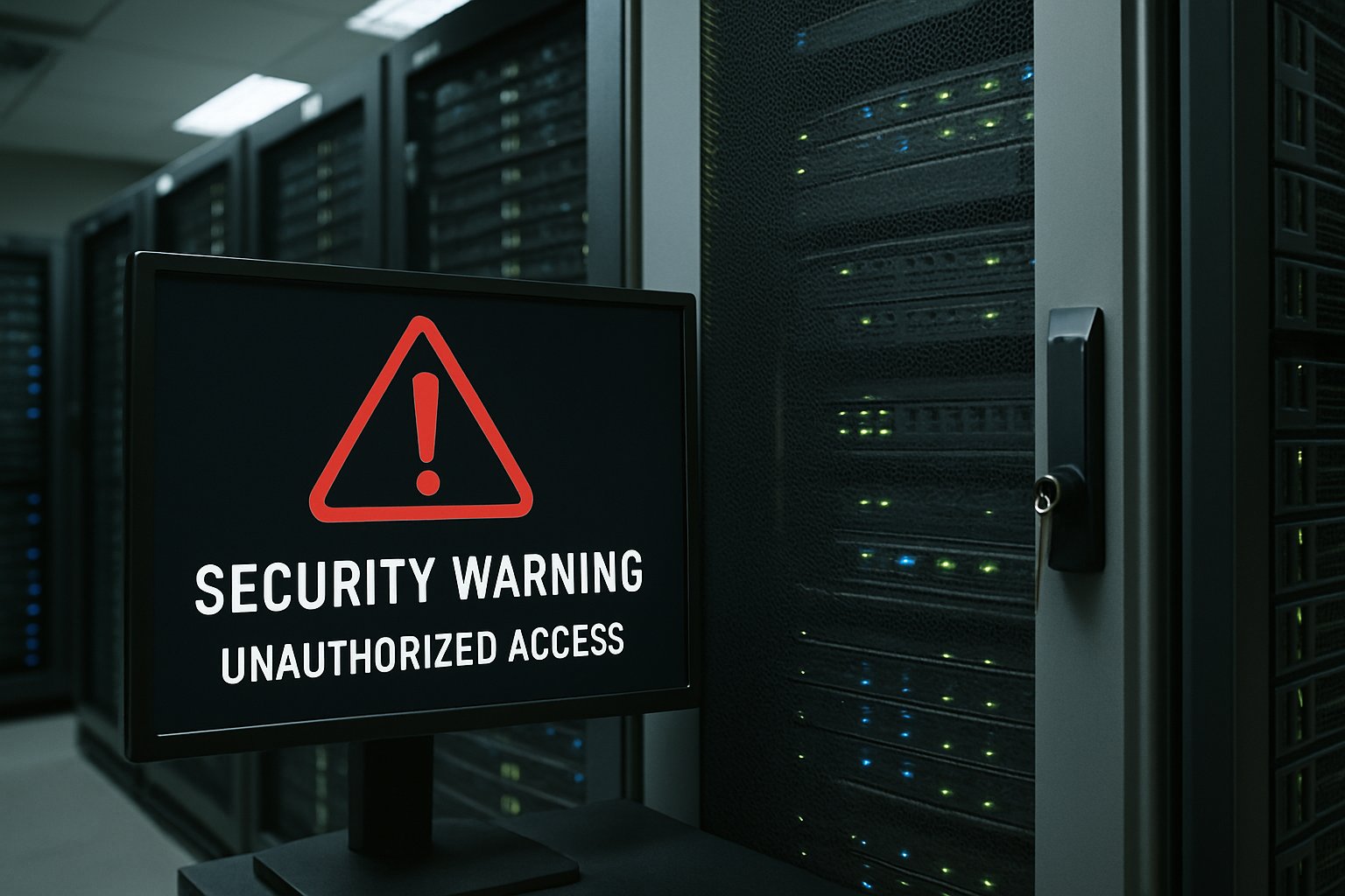 Server room showcases database security breach warning on prominent monitor.