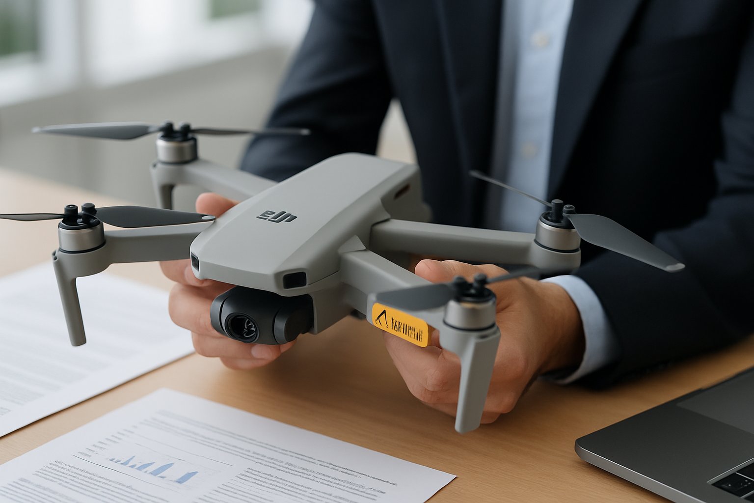 DJI drone with warning sign illustrating Drone Security Dispute legal concerns.