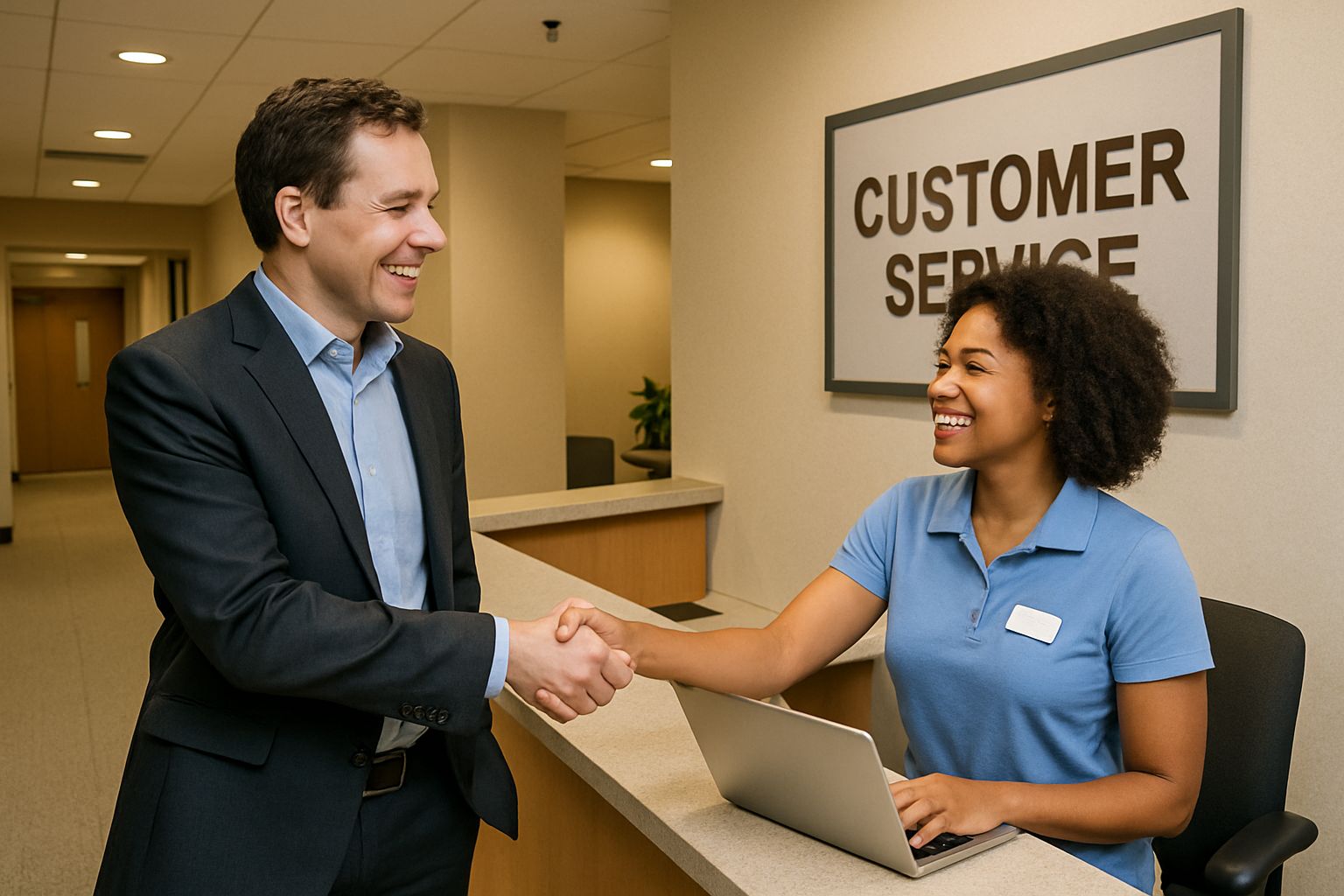 Customer Service Reversal depicted by rehiring in a real office lobby.