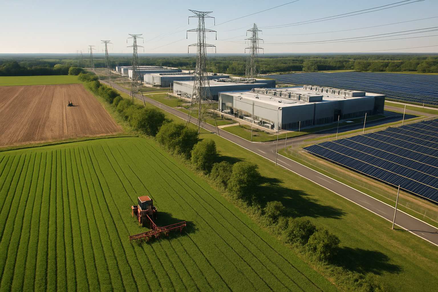Overhead view of farmland bordering data centers during AI Infrastructure Backlash.