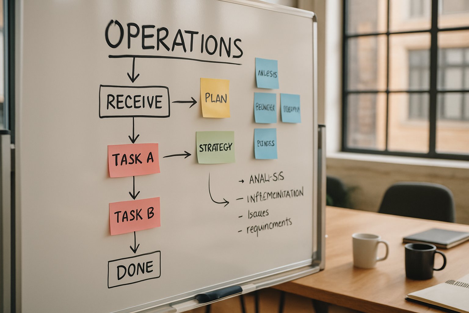 Operational Flow visualized on a whiteboard with flowcharts and sticky notes.