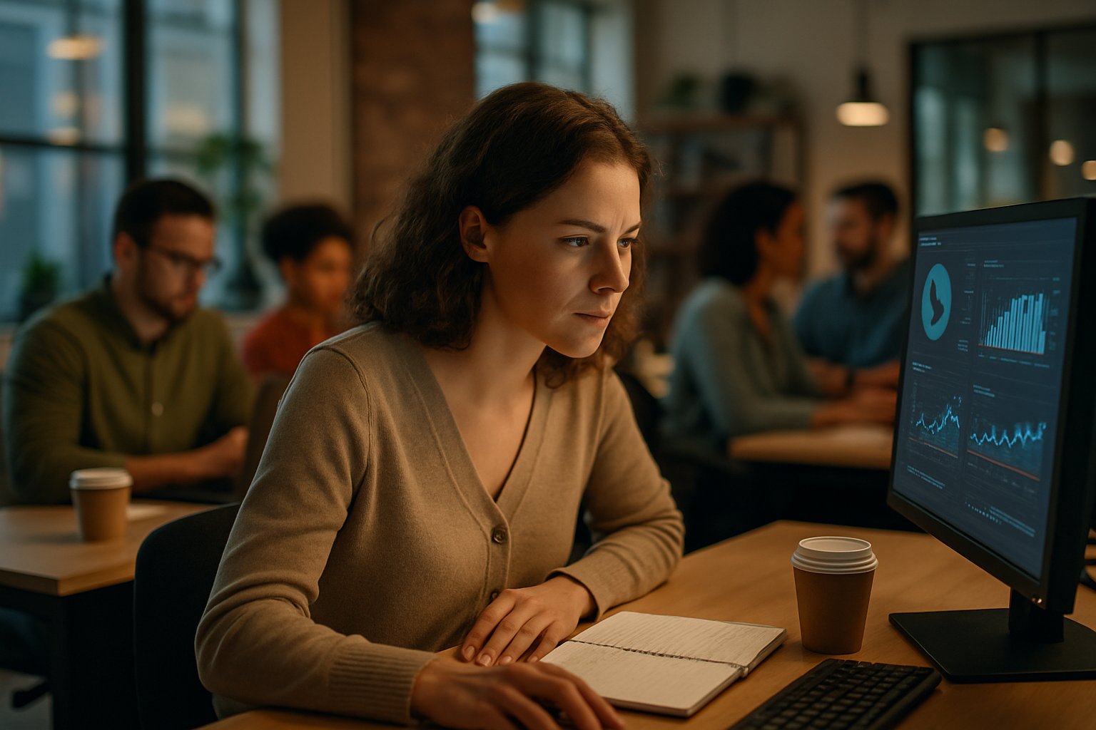 Woman analyzing data in a tech office representing Workforce Trends and participation.