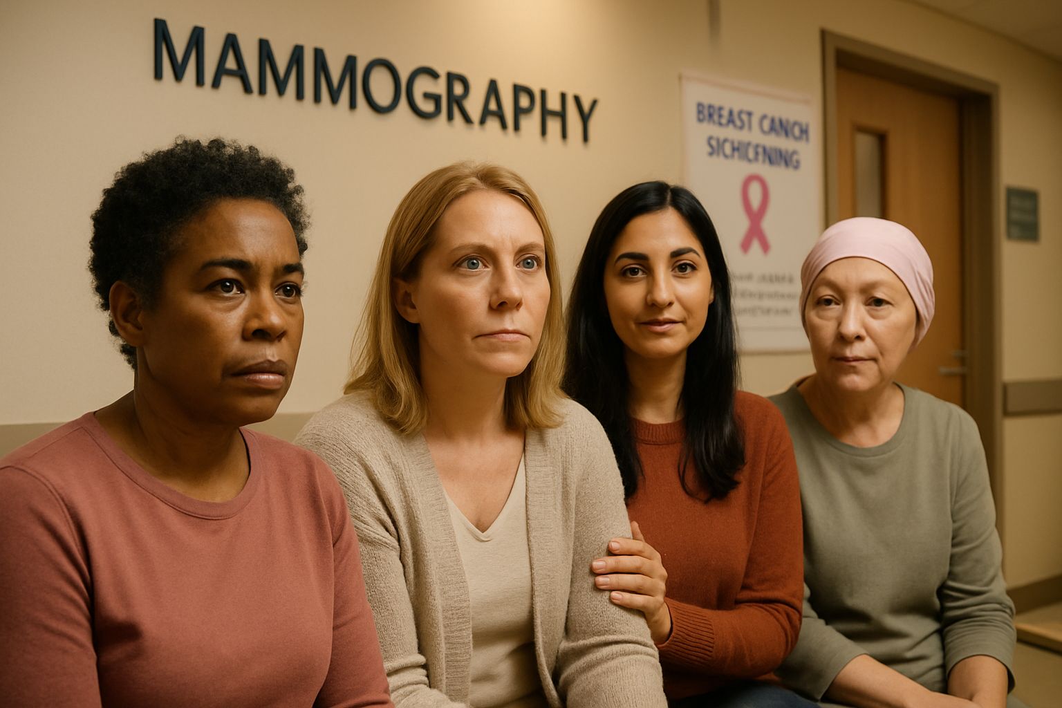 Women await mammography in clinic as part of Cancer AI Study improvements.