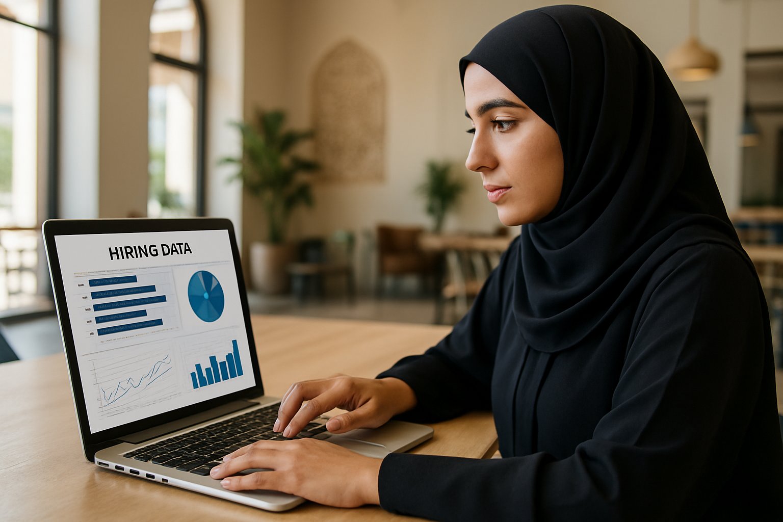 Regional Workforce Awareness depicted by a professional reviewing hiring growth data in Middle East.
