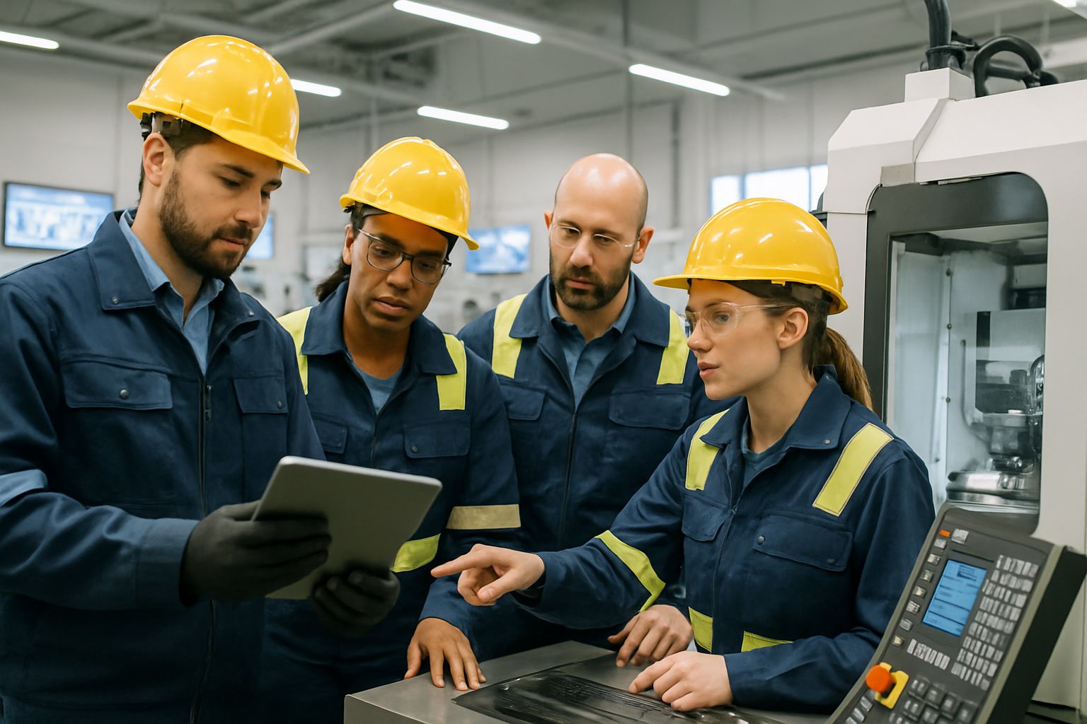 Manufacturing team collaborates amid UK Sector Recovery and AI-led upgrades.