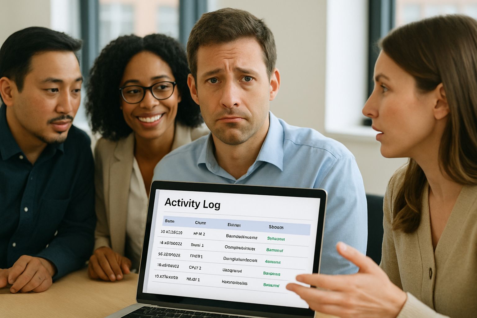 Surveillance concerns among employees shown in a candid office meeting setting.