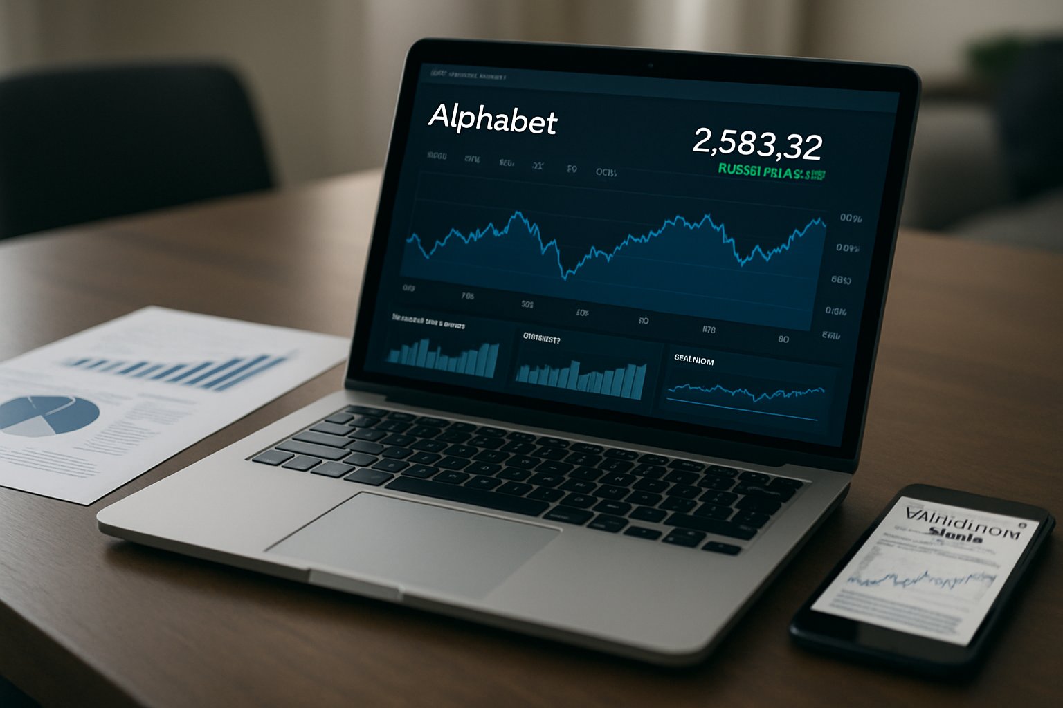 Financial dashboard analyzes Big Tech Valuation with Alphabet’s performance highlighted.