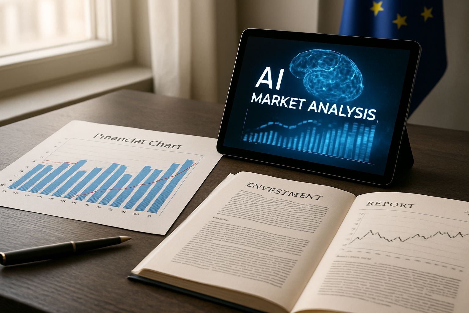 Desk with financial charts, AI data, and EU flag showing Investment Trends analysis.