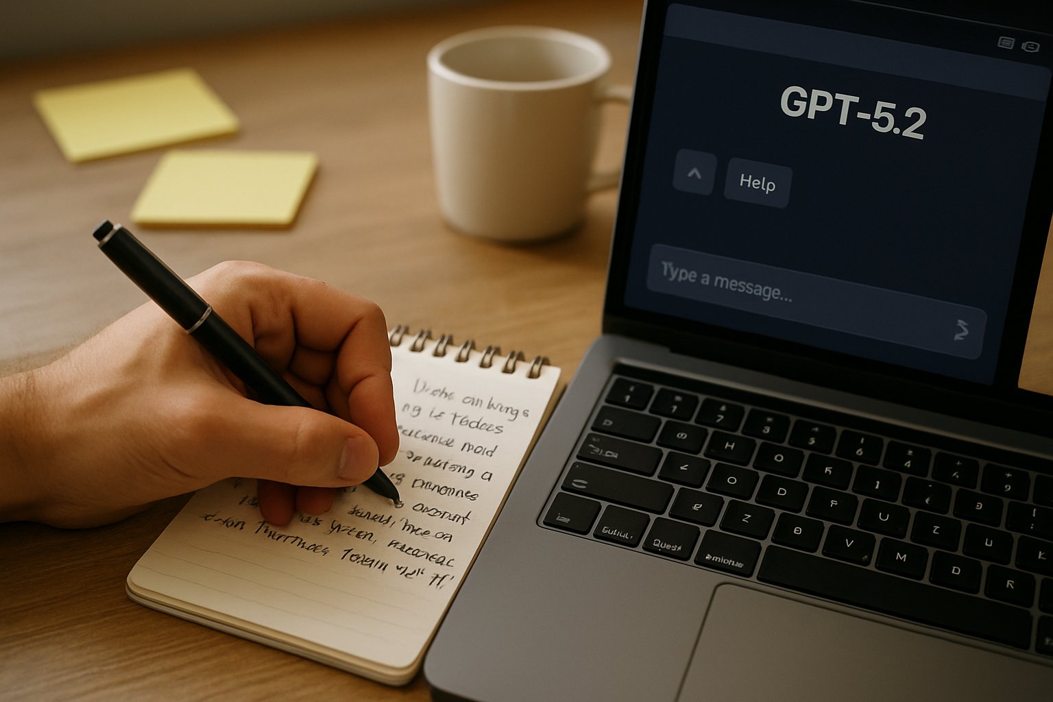 Handwriting a detailed AI prompt for effective Prompt Engineering with GPT-5.2 interface.