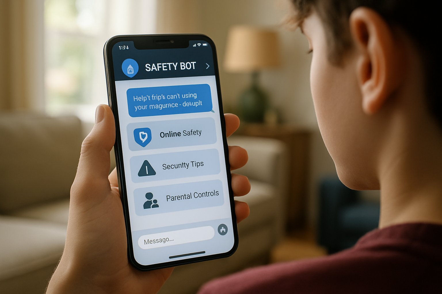 Smartphone showcasing Youth Safety Bot Features for online safety.