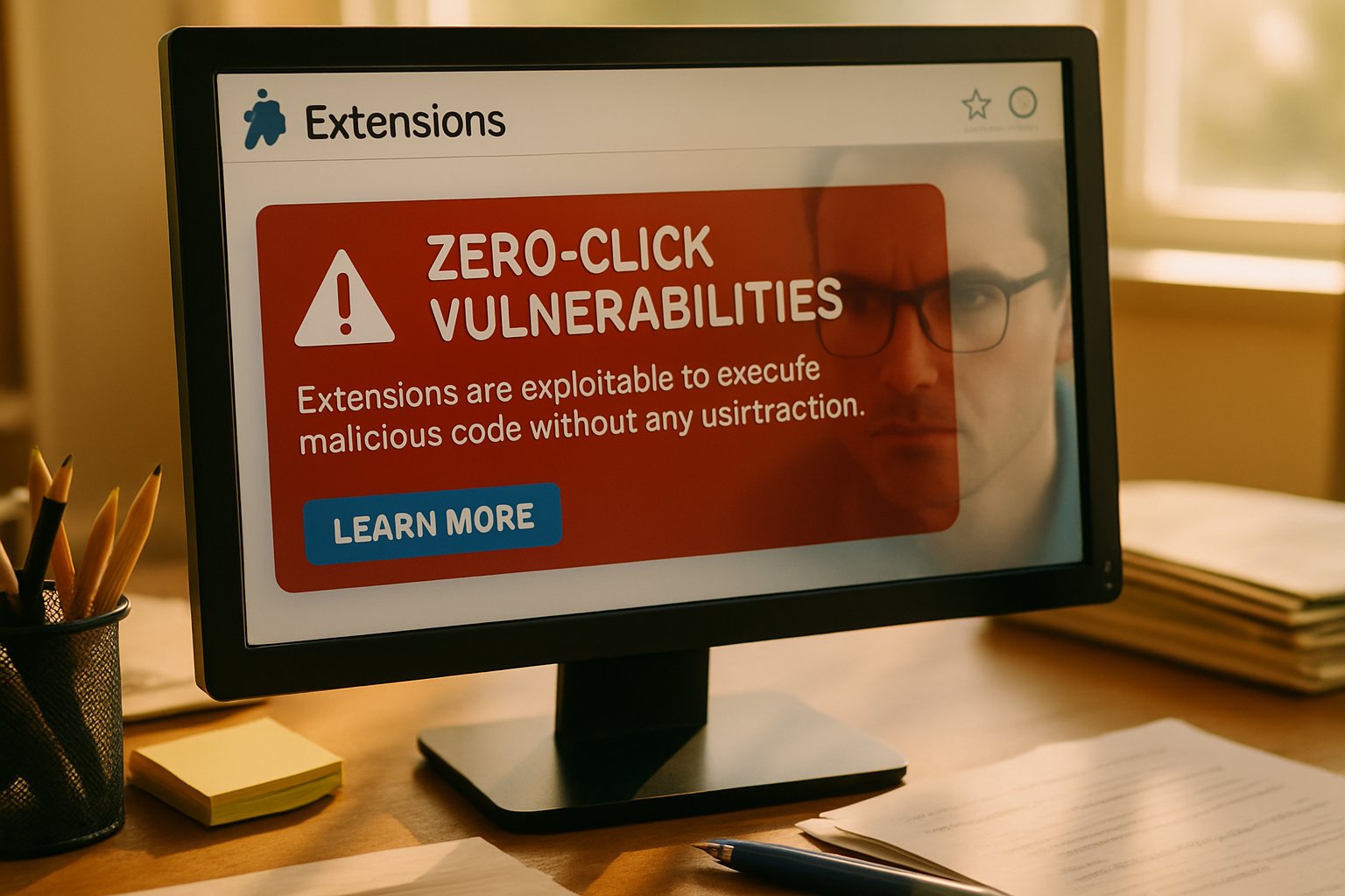 Browser displaying Extension Risk warning about zero-click vulnerability