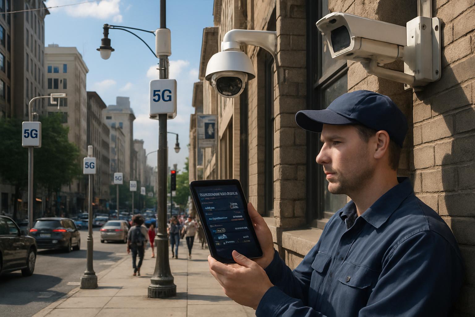 Technician uses AI Edge Computing for video compression on city street with 5G cameras.