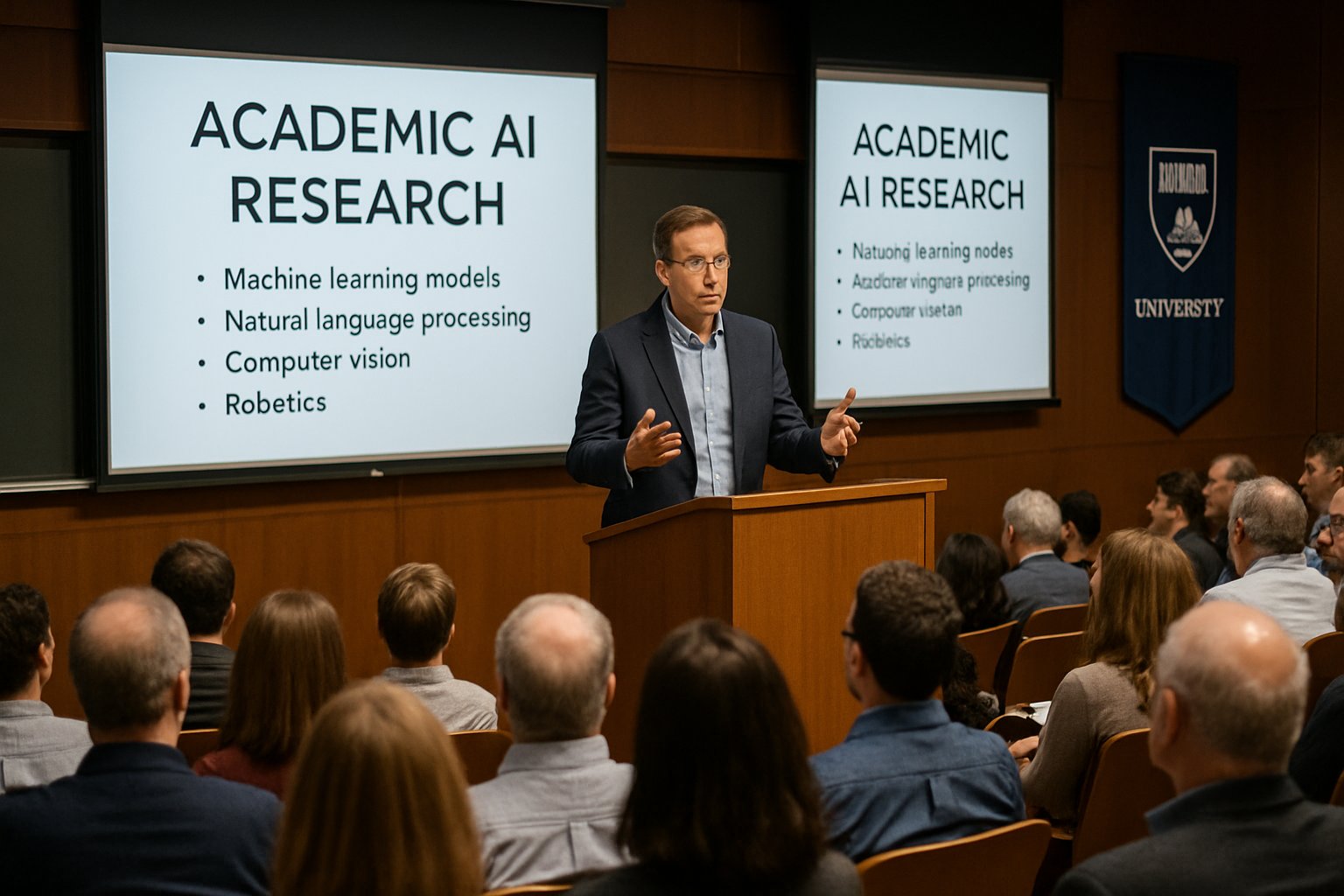 Keynote speaker presents Academic AI research to university audience.