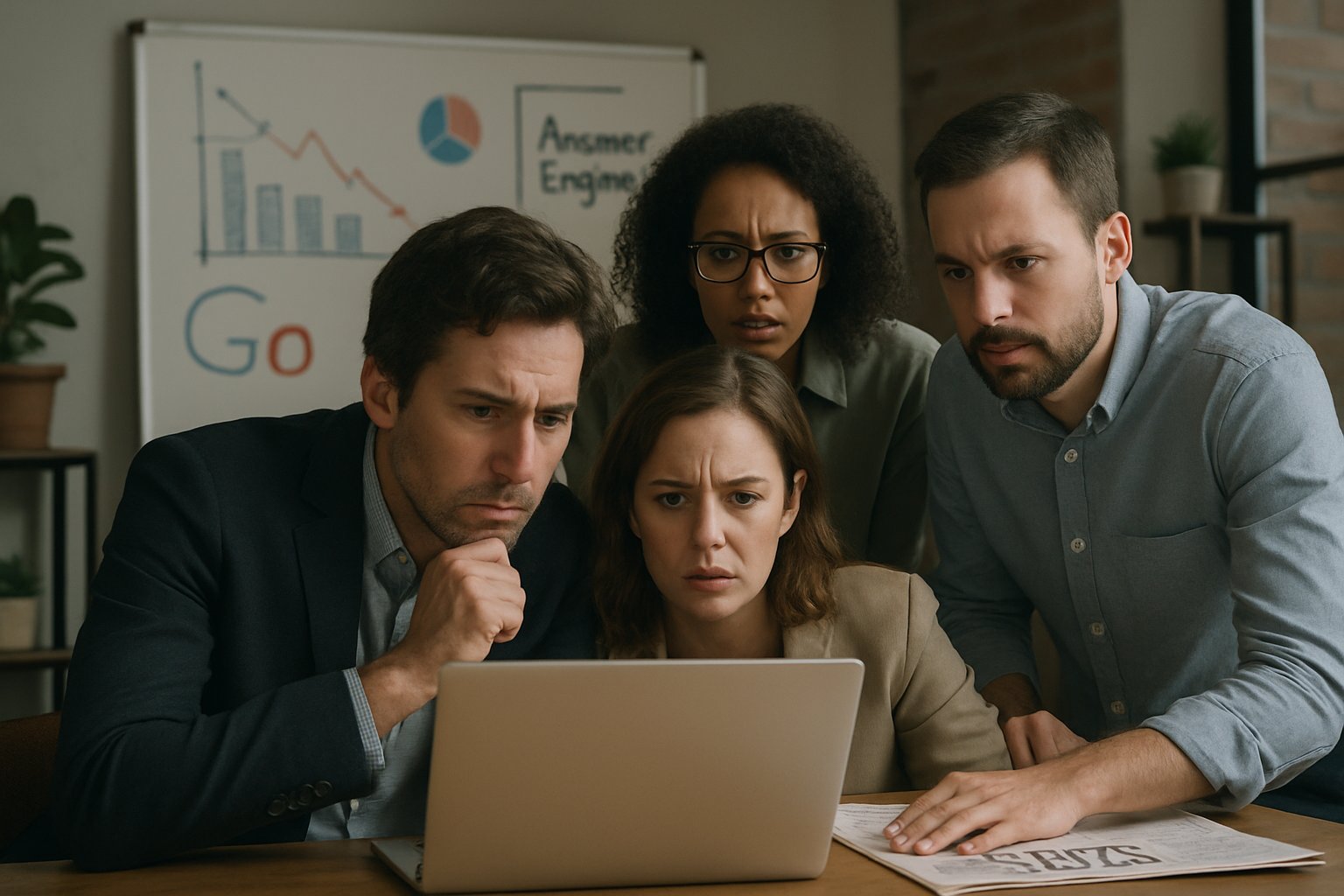 News team reacting to Information Economy Disruption with answer engines on display.