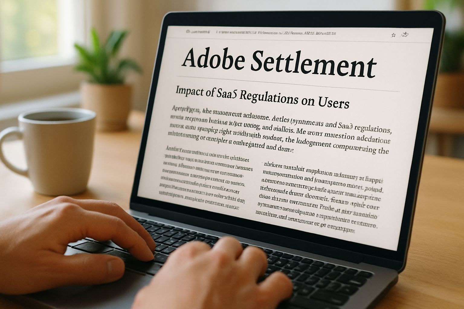 Laptop user reads Adobe Settlement news on screen in natural home office setting.