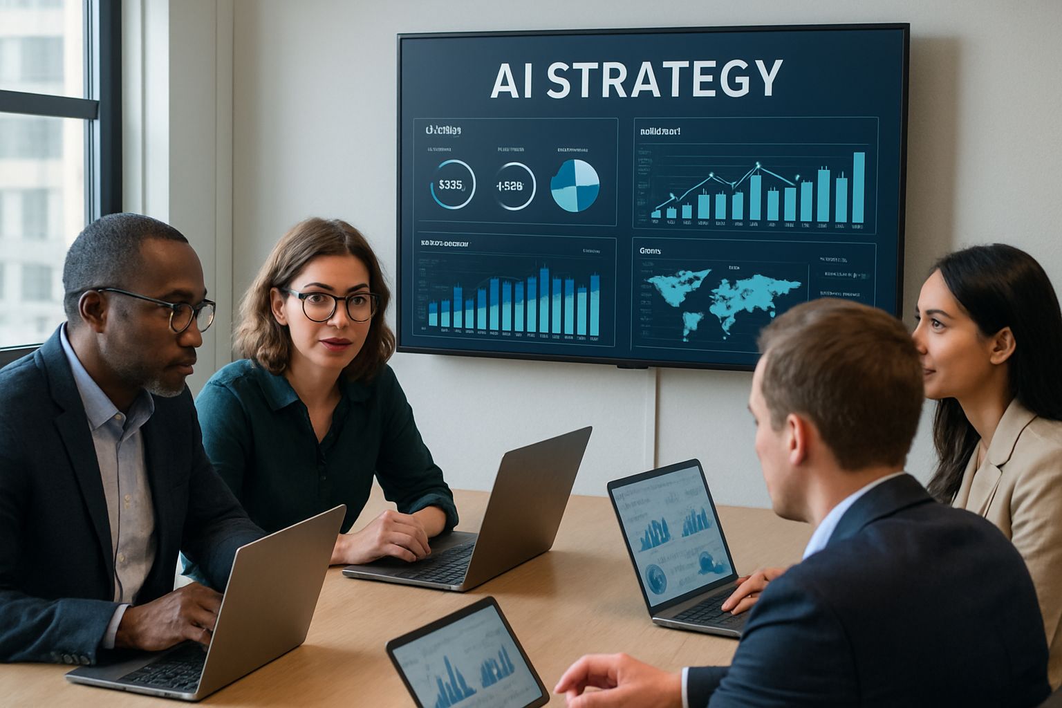Enterprise AI Advisory experts analyzing AI strategy and business dashboards.