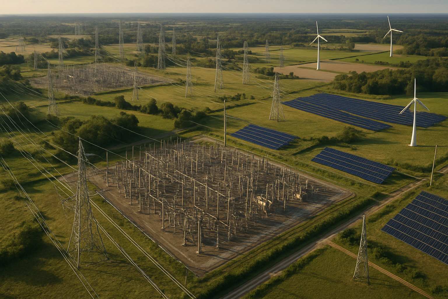 Aerial view of an electrical grid with detailed Physical Infrastructure Modeling elements.