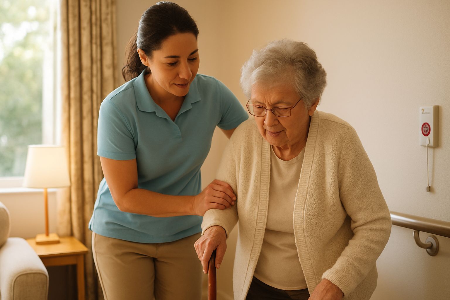 Caregiver supporting senior in Age Safety compliant Australian care home