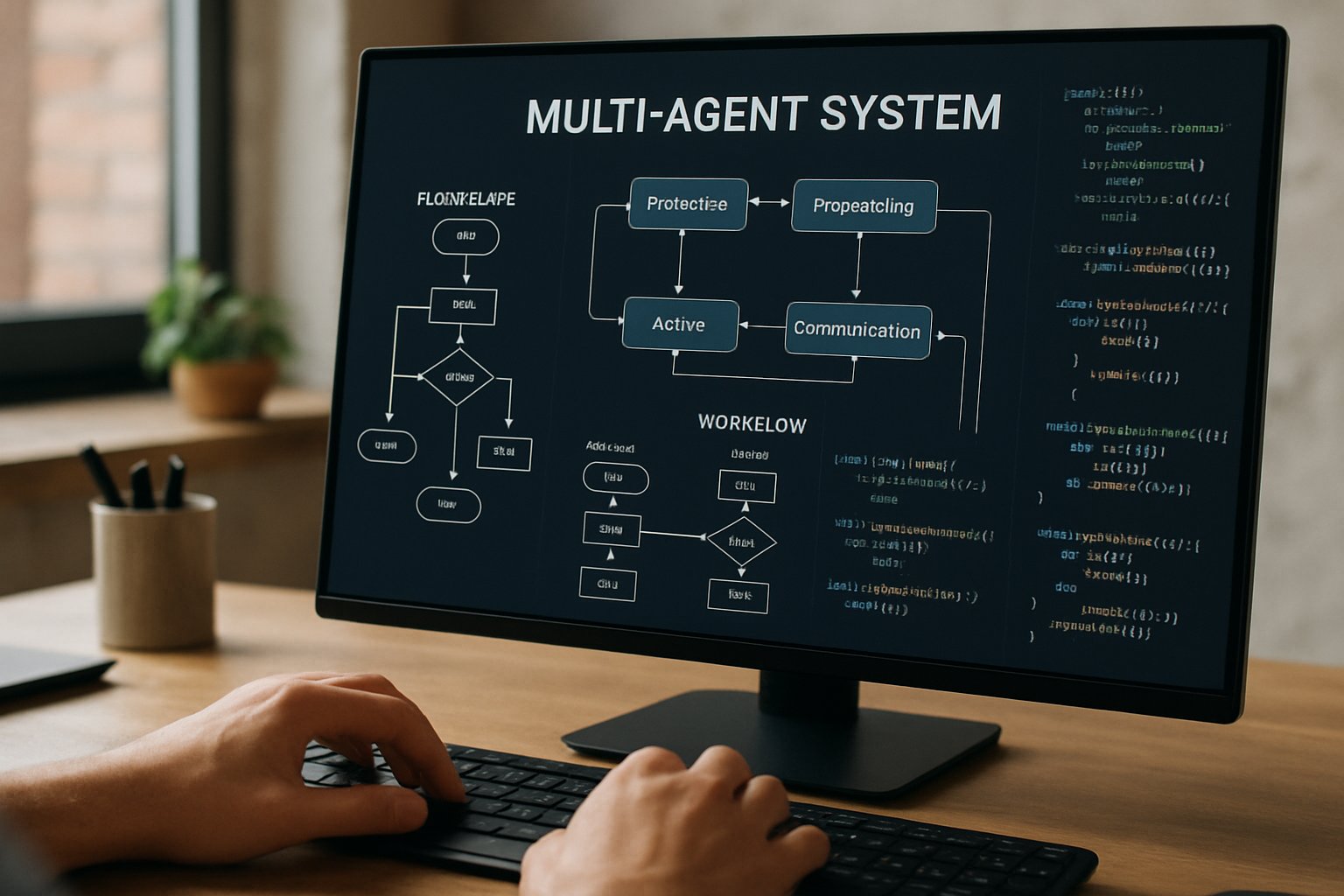 Monitor showing Agent Orchestration workflow with multi-agent system diagrams