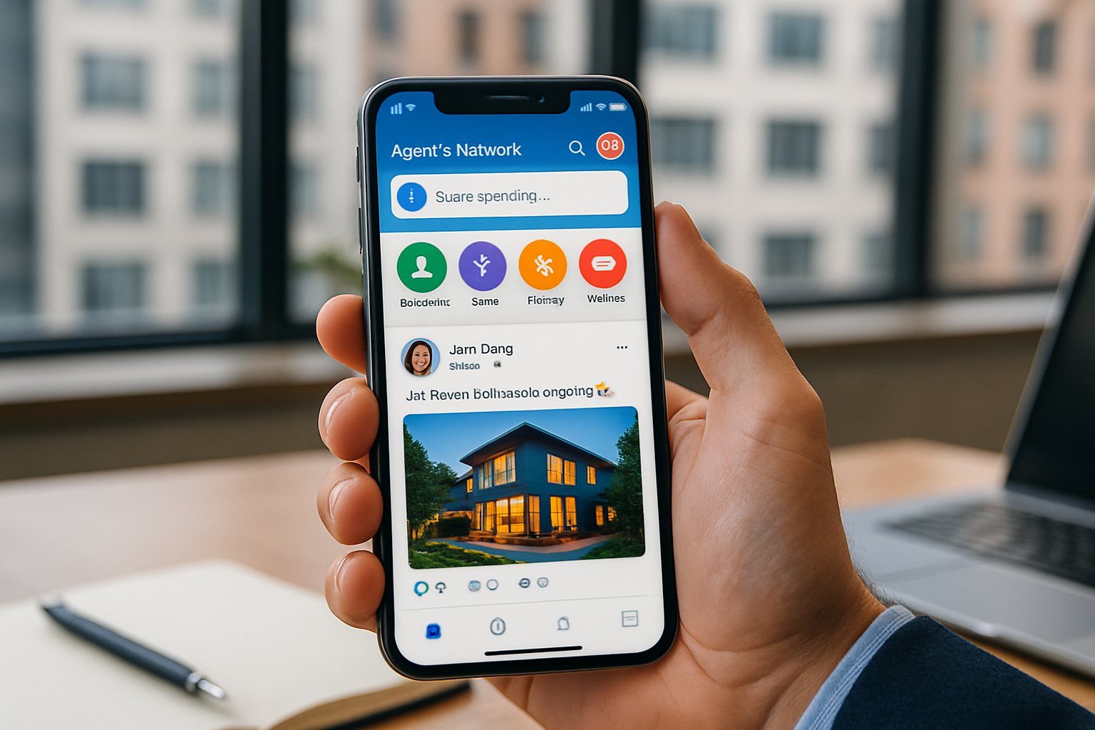 Person interacting with Agentic Social Networking app on mobile phone in office.