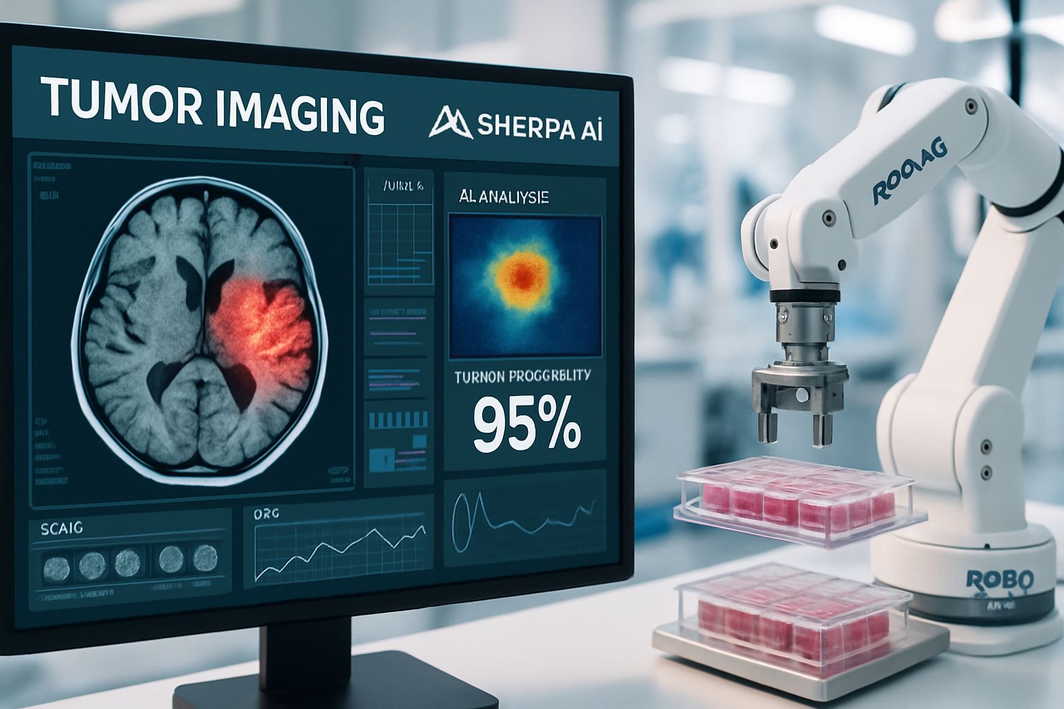 SHERPA AI software and robotics in modern tumor research laboratory setting.