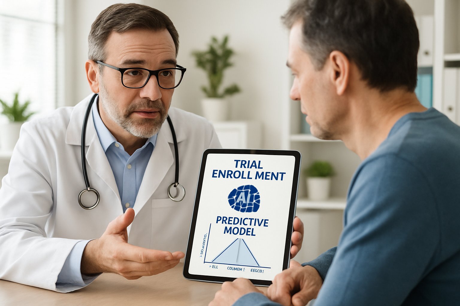Doctor using AI-based enrollment tool for AI Clinical Trials with patient.