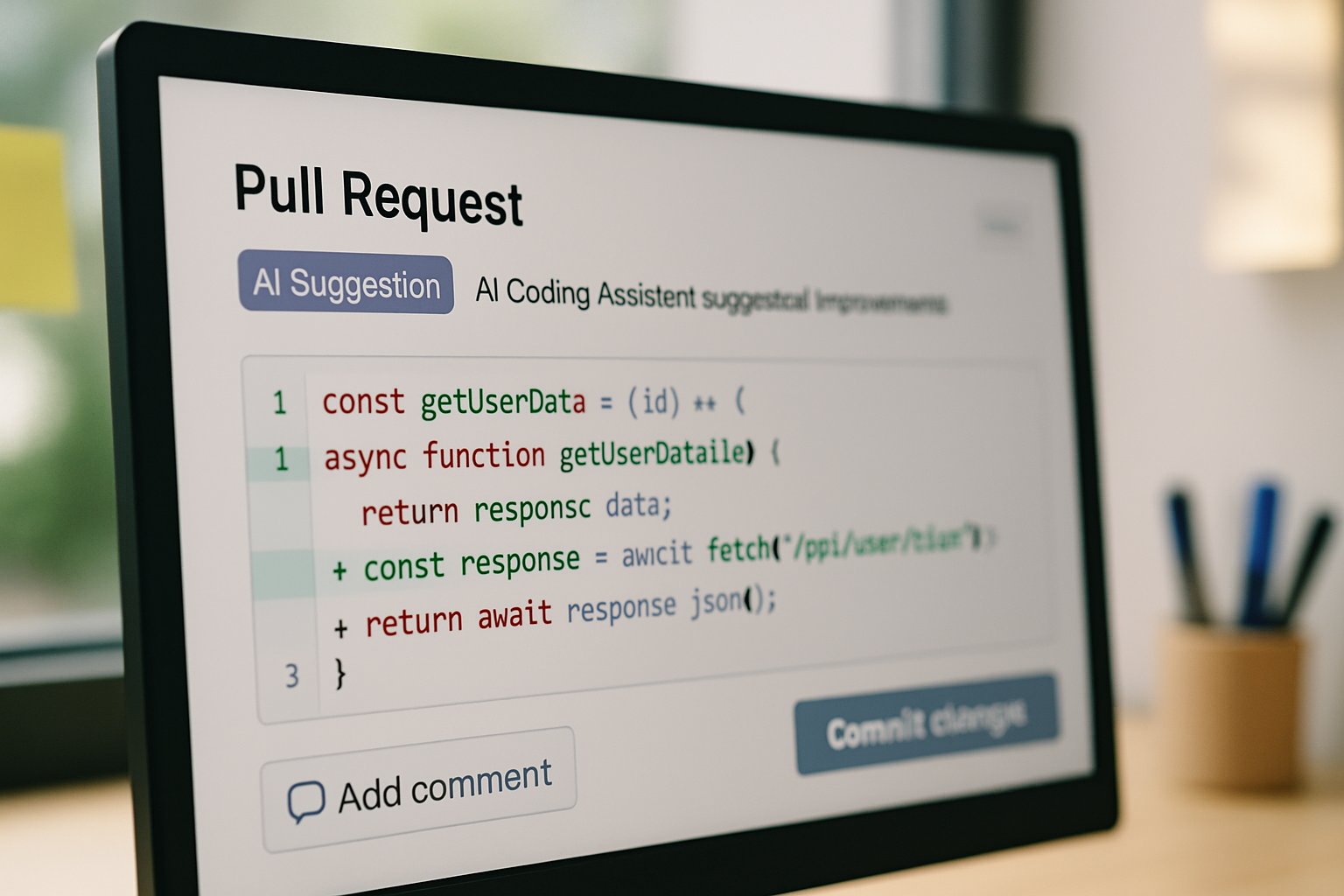 Pull request review interface with AI Coding Assistant suggestions visible on screen.
