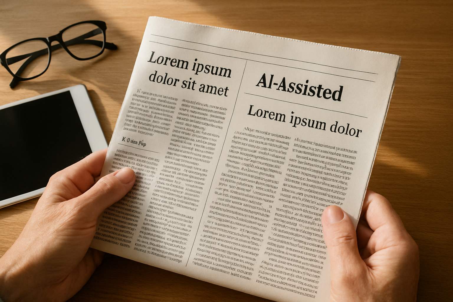 Printed newspaper article highlights Journalism Ethics and AI byline concerns.