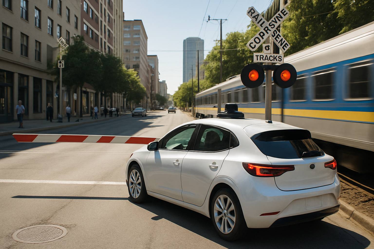 Autonomous Safety Crisis with an AI car struggling at a railway crossing during active warnings.