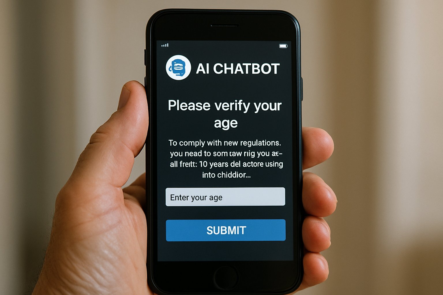 Australia Compliance age verification on AI chatbot app interface showcased on smartphone.
