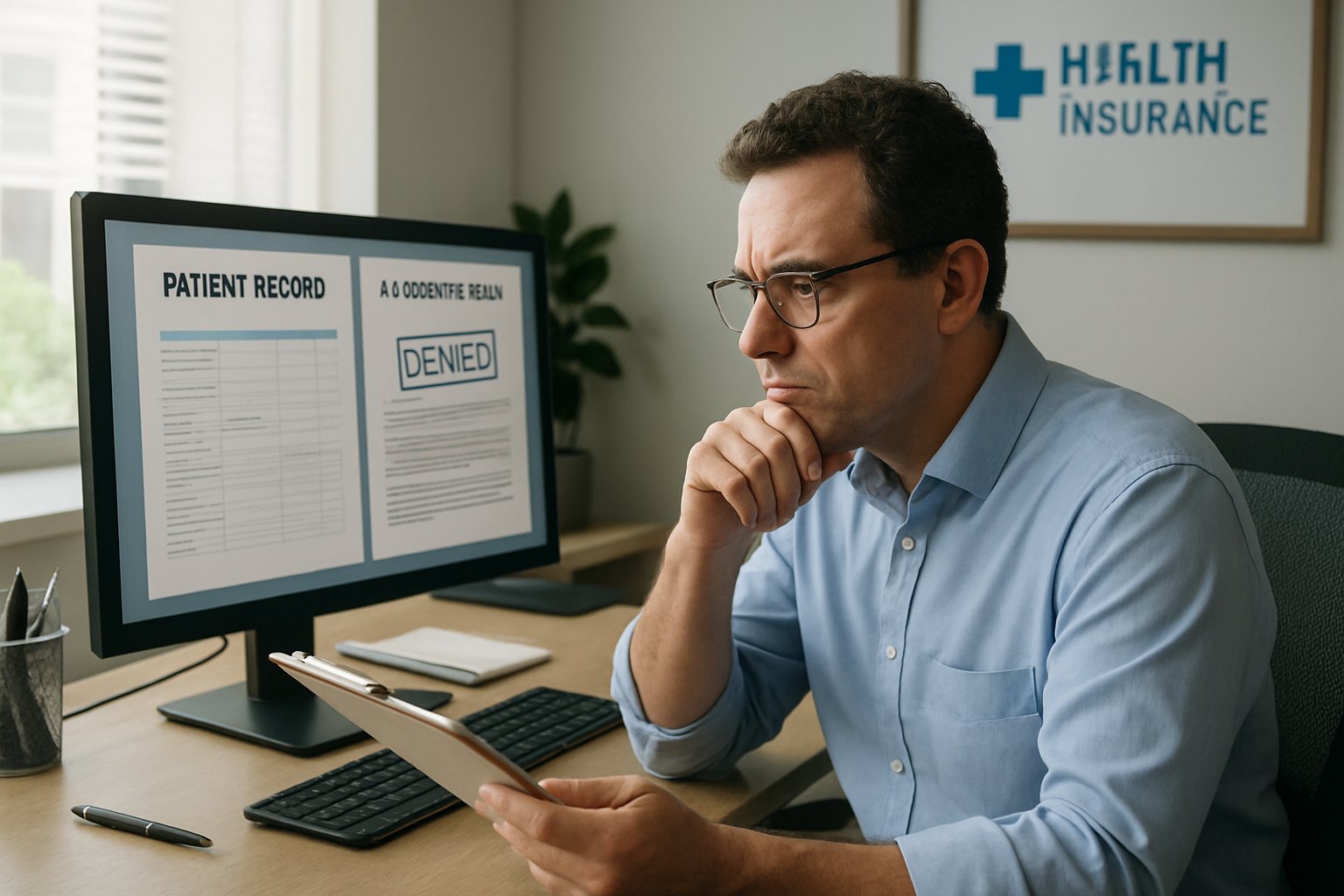 Insurance adjuster analyzes AI claim denial reflecting Medical Profit Ethics.