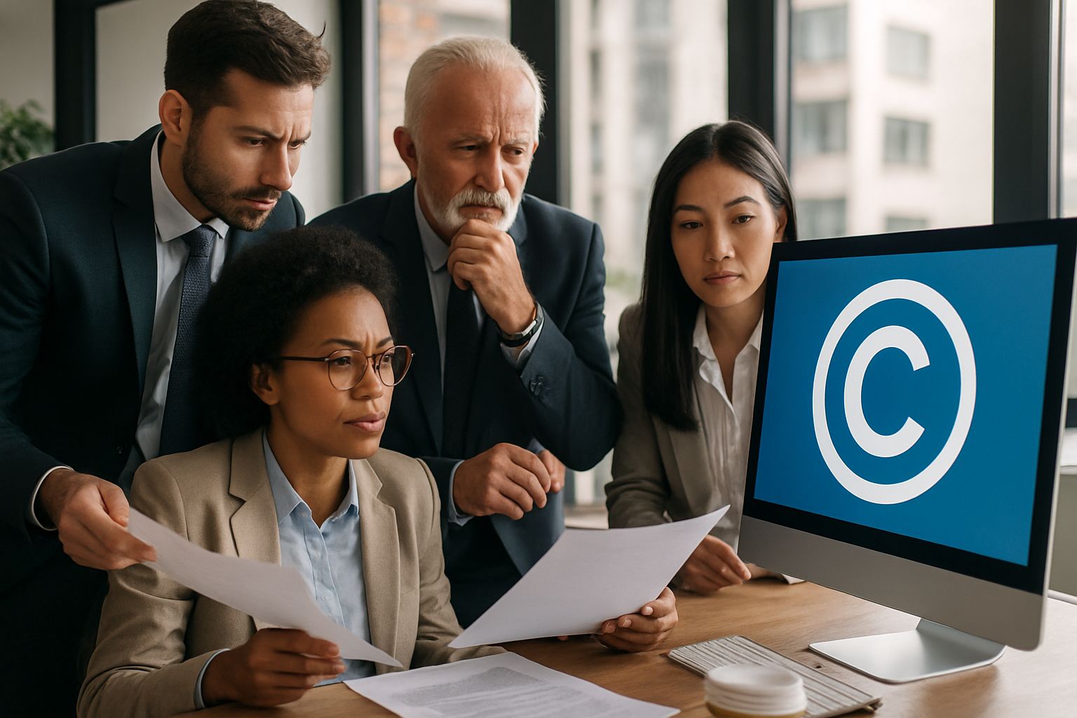 Business team discussing AI Copyright impact on strategy and compliance