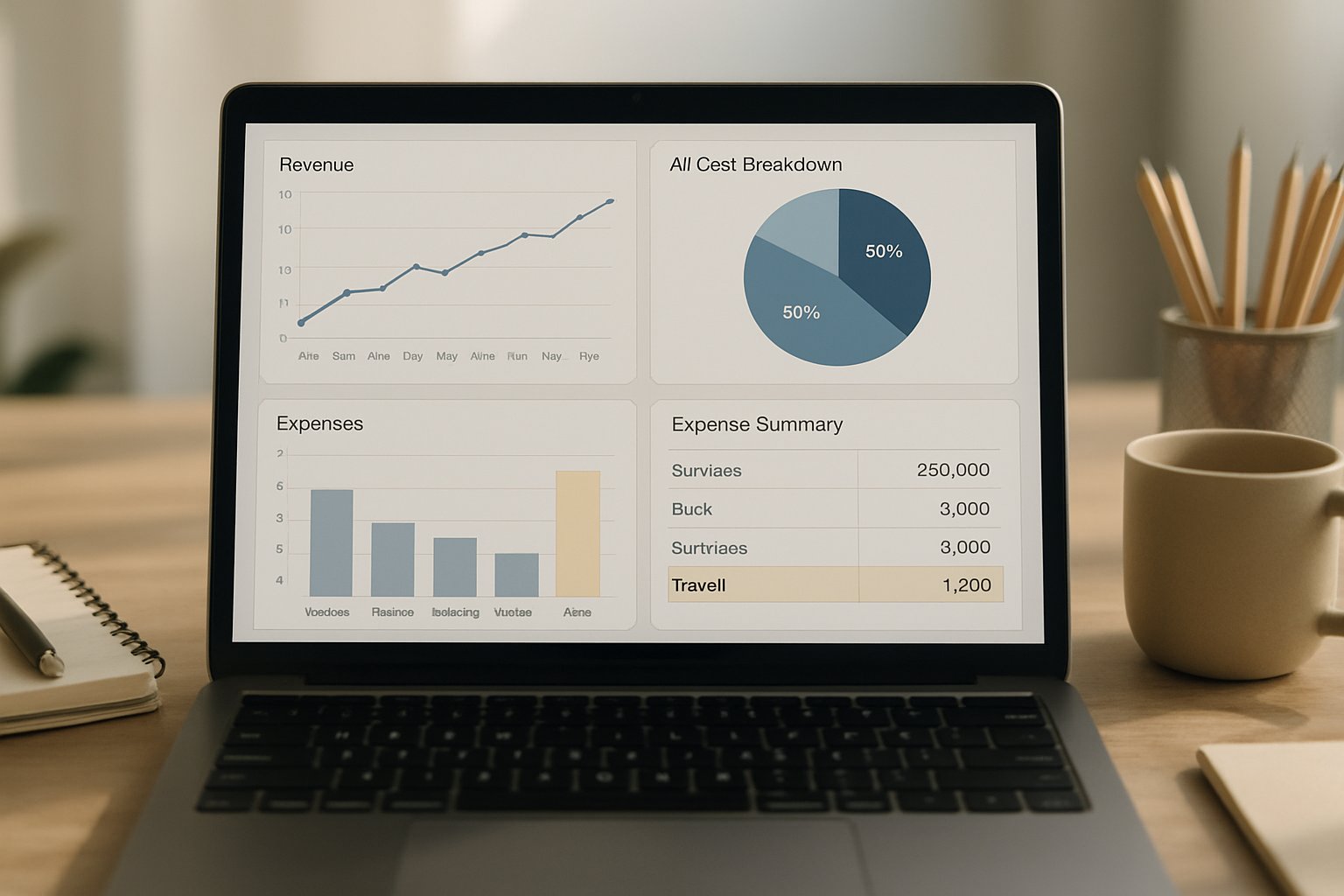 Financial dashboard displays AI Financial Costs breakdown and charts.