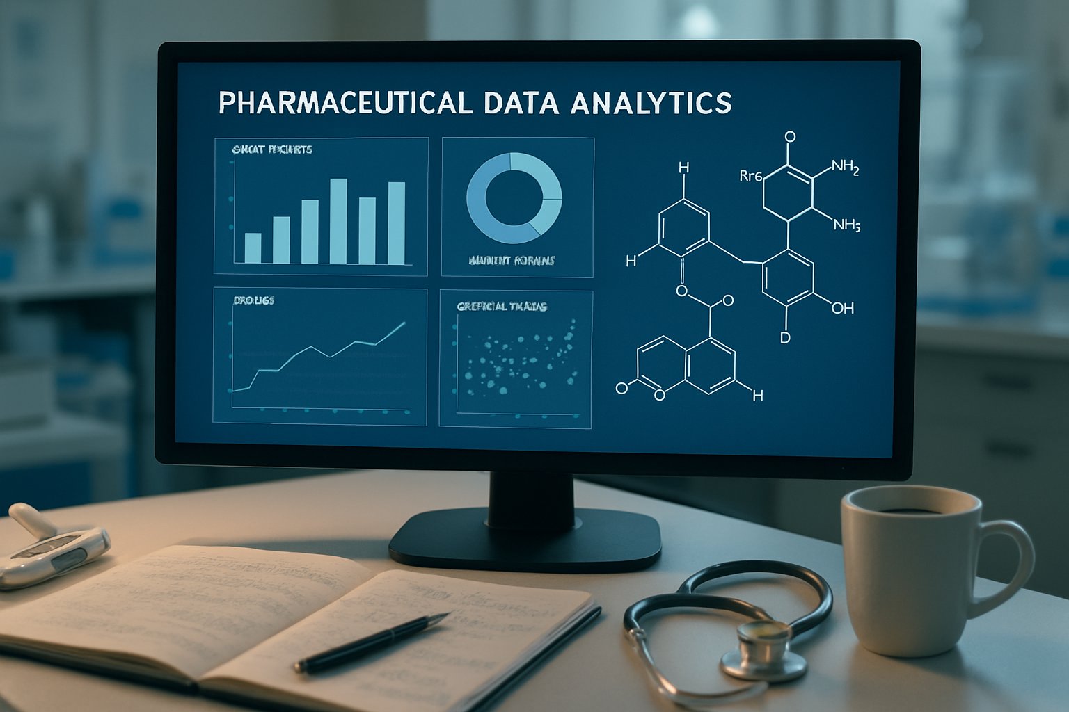 Computer screen with Pharmaceutical R&D AI data analysis in real laboratory