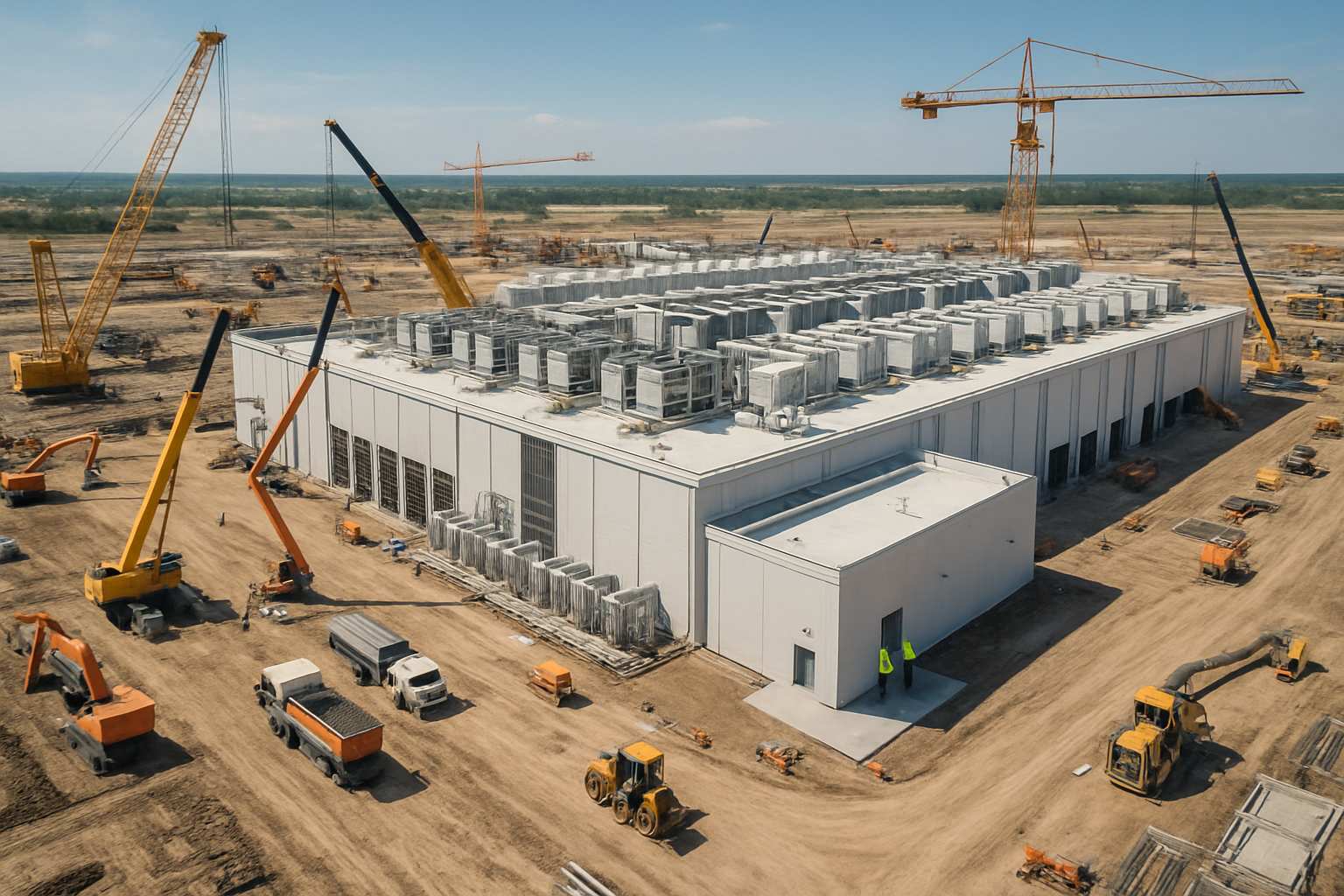 Industrial Capital Reallocation seen in data center construction with engineers and heavy machinery.
