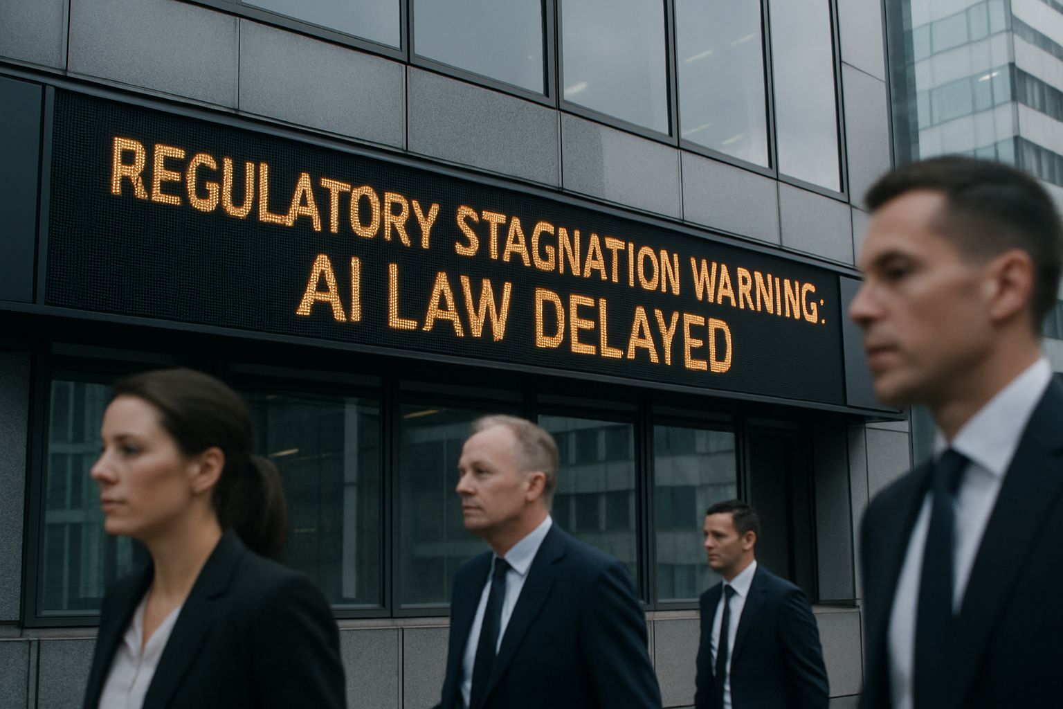 Regulatory Stagnation Warning displayed on UK news ticker amid AI law delay