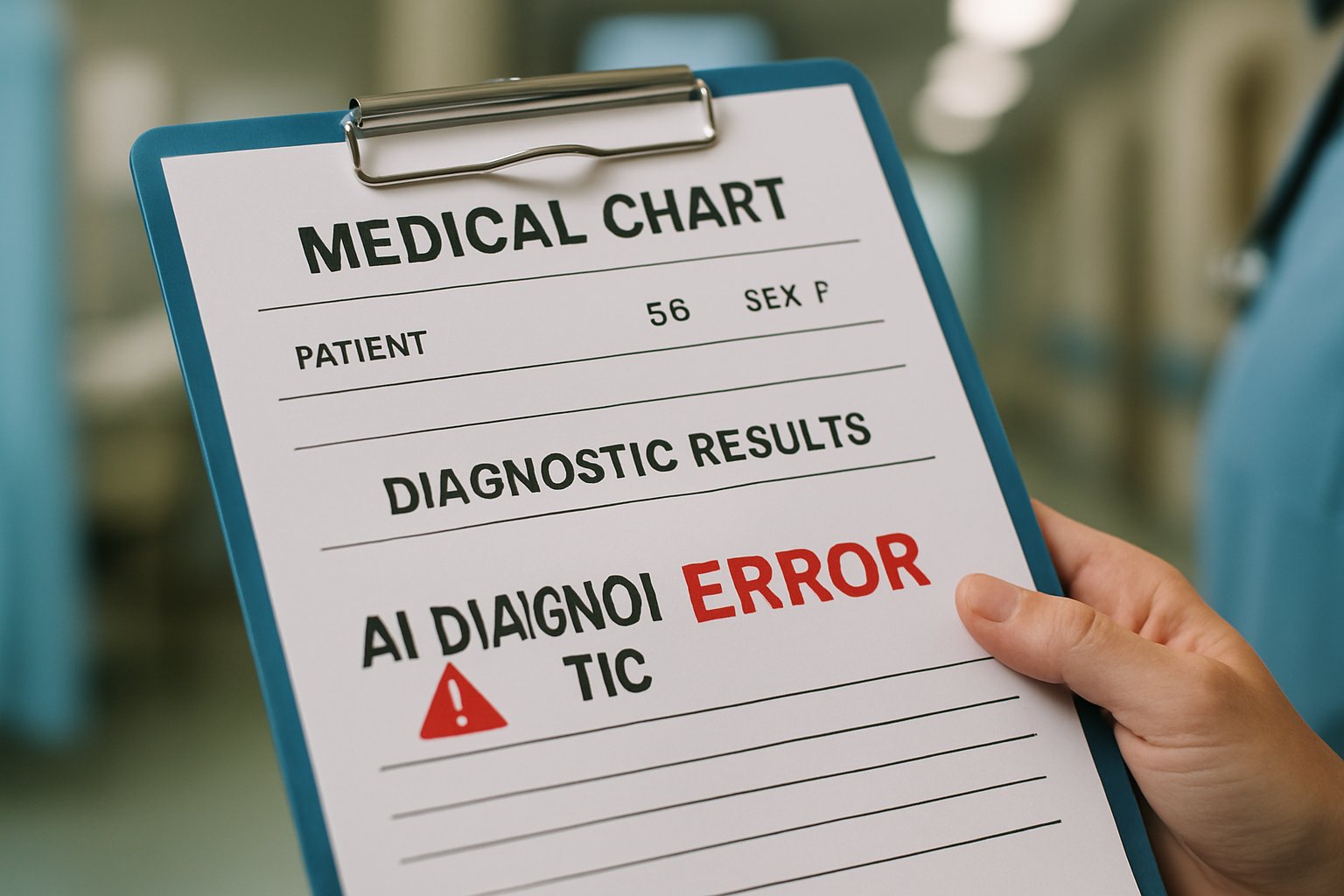 Healthcare Risks shown by AI diagnostic error alert on a patient's medical chart.