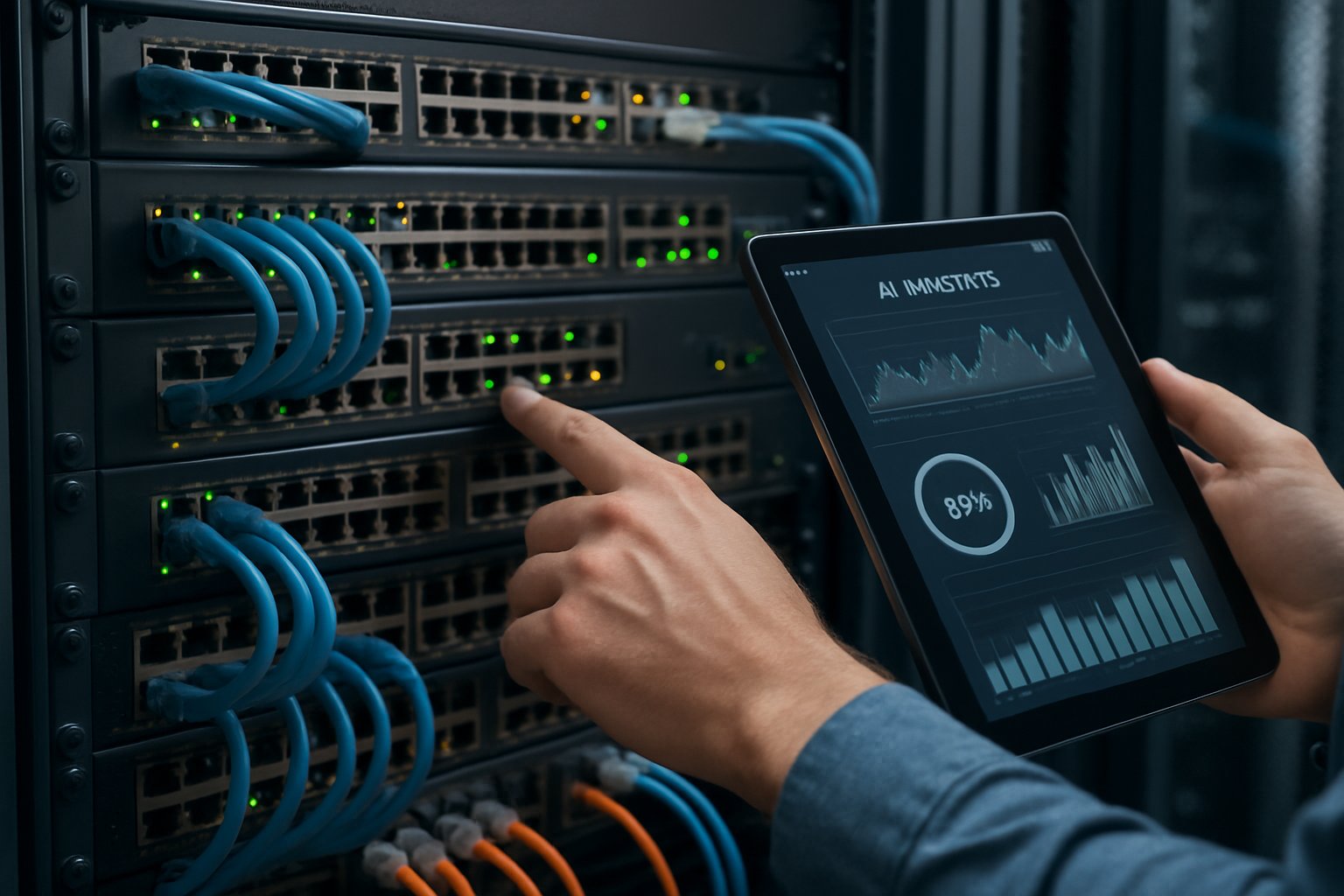 Modern telecom server rack with AI analytics in Telco AI data center.