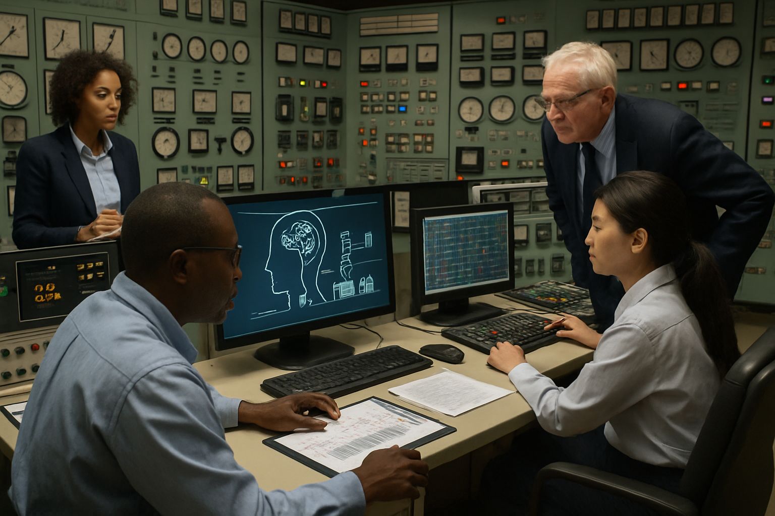 Power plant professionals overseeing AI Basic Service energy solutions.